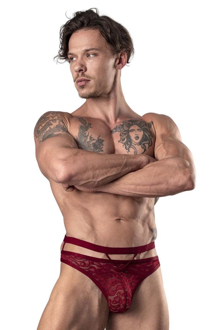 Clever Moda Male Power 446-289 Lucifer Cut Out Strappy Thong Color Burgundy