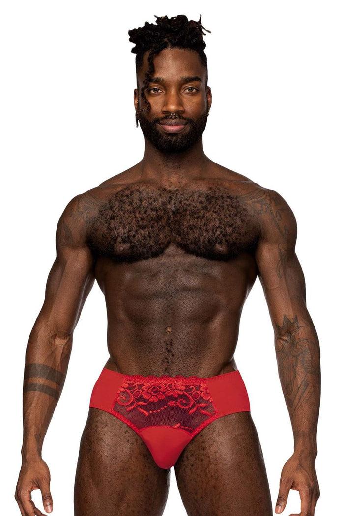 Clever Moda Male Power 492-280 Sassy Lace Bikini Solid Pouch Color Red